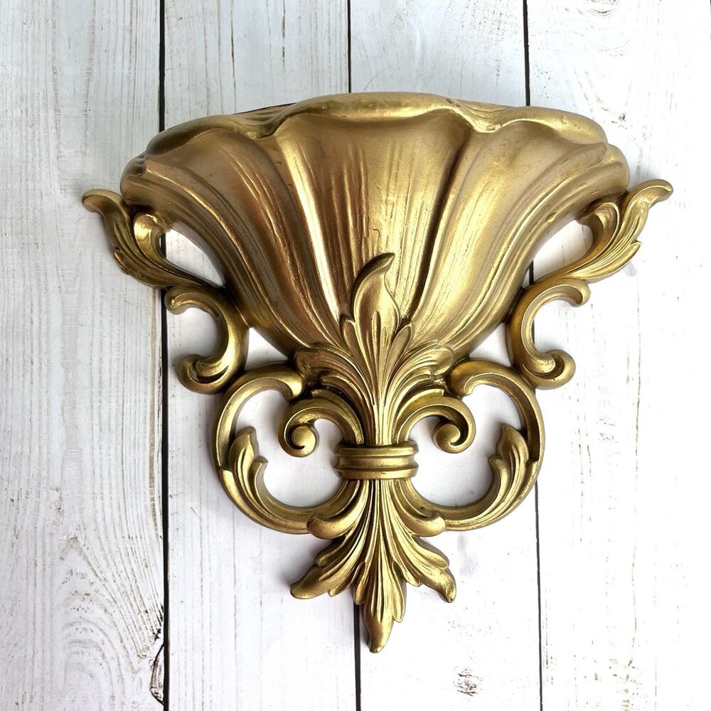 VTG 1962 HOMCO Gold Scroll Wall Pocket Planter Vase Fleurs de Lis Made In USA